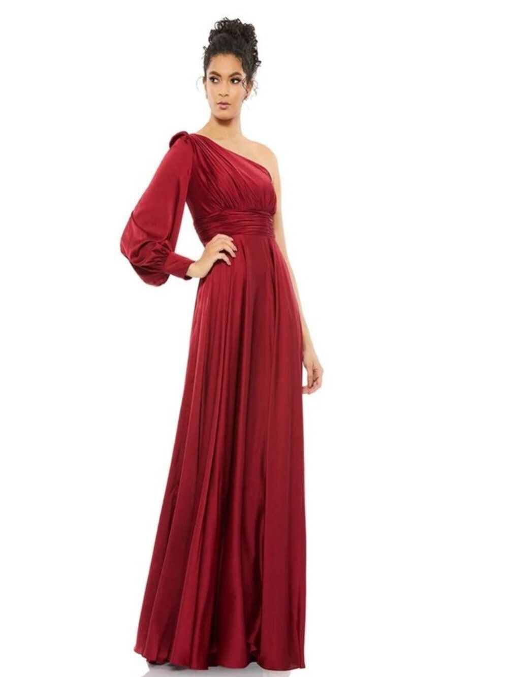Mac Duggal Women’s Burgundy One Shoulder Bishop Sleeve Gown Dress Size 4